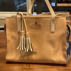 Spartina leather and linen purse; tan with blue and orange flowers